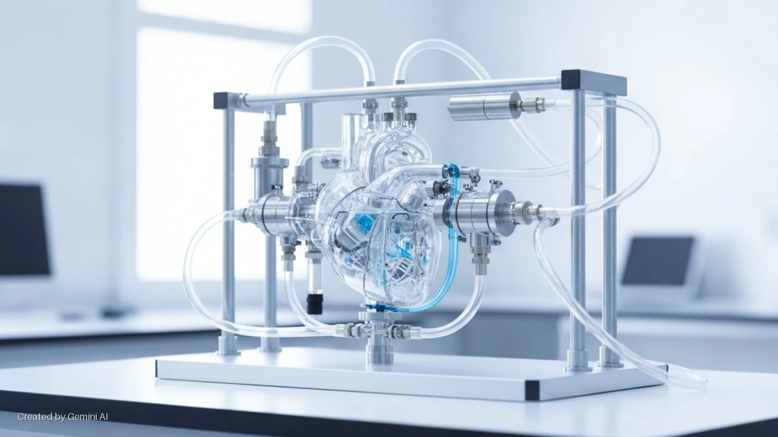 A transparent anatomical heart model with blue internal details and clear tubing, mounted on a metal stand, rests on a white laboratory table in a brightly lit room with blurred computer monitors.