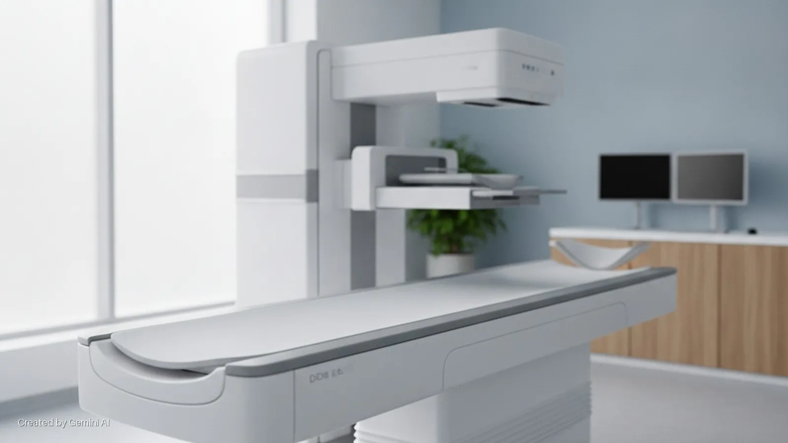 A brightly lit medical examination room features a white medical imaging machine with a patient bed, dual computer monitors on a wooden counter, and a potted plant next to a large window.