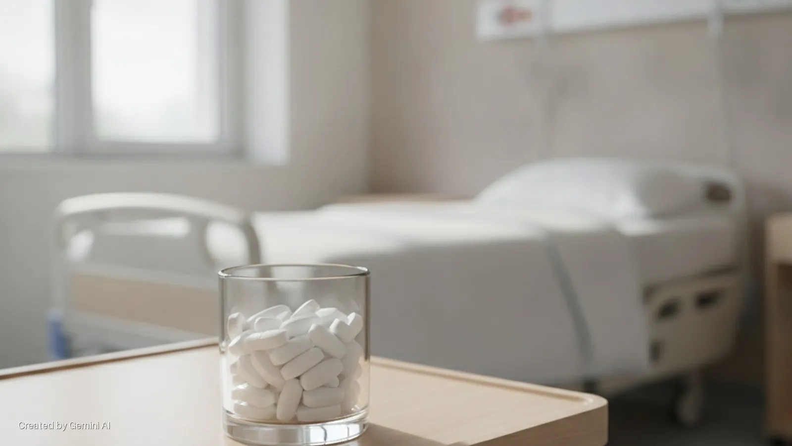 A glass filled with white pills sits on a wooden bedside table in a brightly lit hospital room with a bed and window in the blurred background.