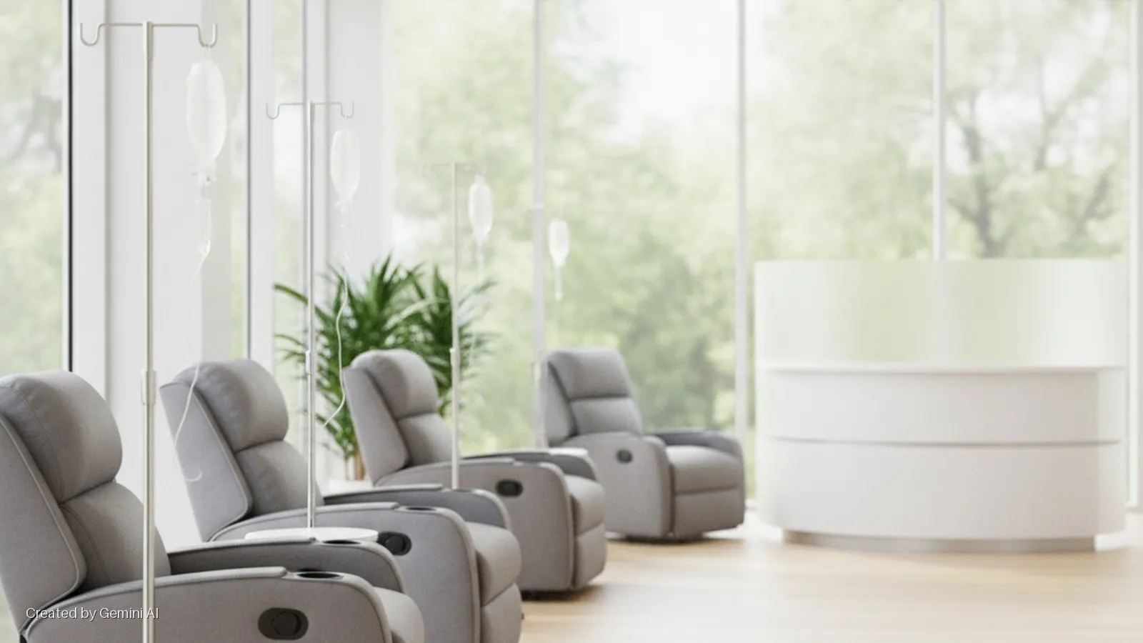 A brightly lit medical infusion room features several gray reclining chairs with IV stands and bags, a potted plant, and a white curved reception desk against a backdrop of large windows.