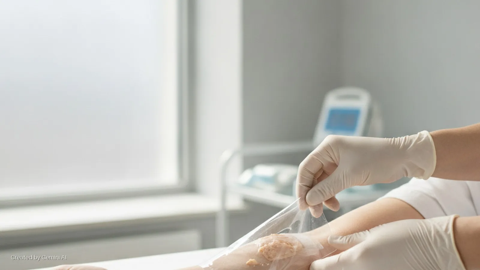 A gloved hand removes a clear plastic film from a raw skin lesion on a forearm in a brightly lit medical examination room with a large window and medical equipment in the background.