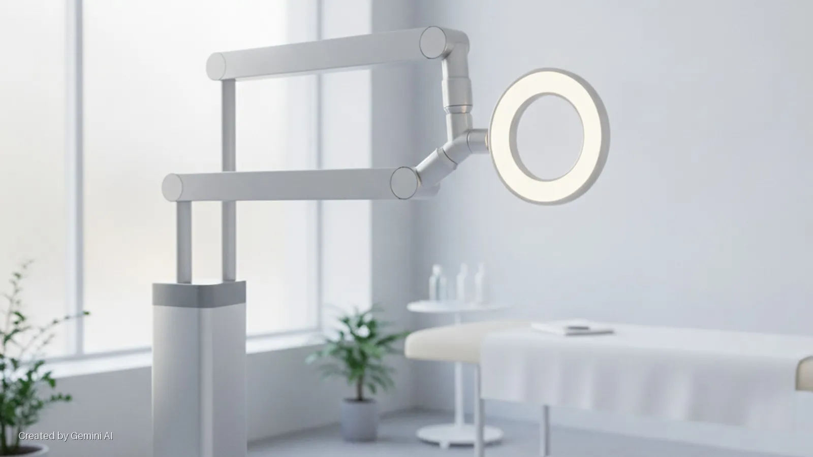A brightly lit, minimalist medical or treatment room features a large, multi-jointed white examination lamp with a glowing ring light, a white examination table, a small side table with bottles, and two potted plants, illuminated by natural
