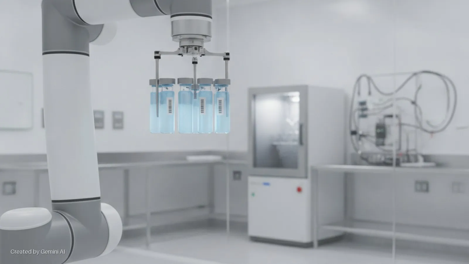 A robotic arm holds four barcoded vials containing light blue liquid in a brightly lit, sterile laboratory equipped with a scientific cabinet and complex tubular apparatus on stainless steel tables.