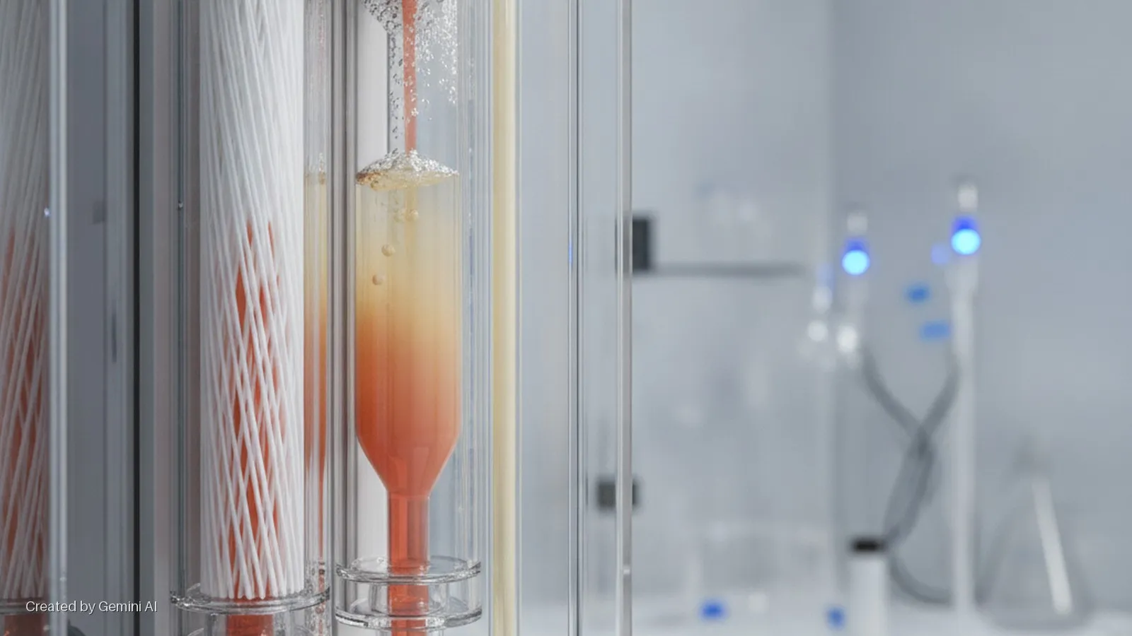 Clear glass tubes containing white string-like filters and bubbling orange and yellow liquid stand in the foreground of a brightly lit laboratory with blurred scientific equipment and blue indicator lights in the background.