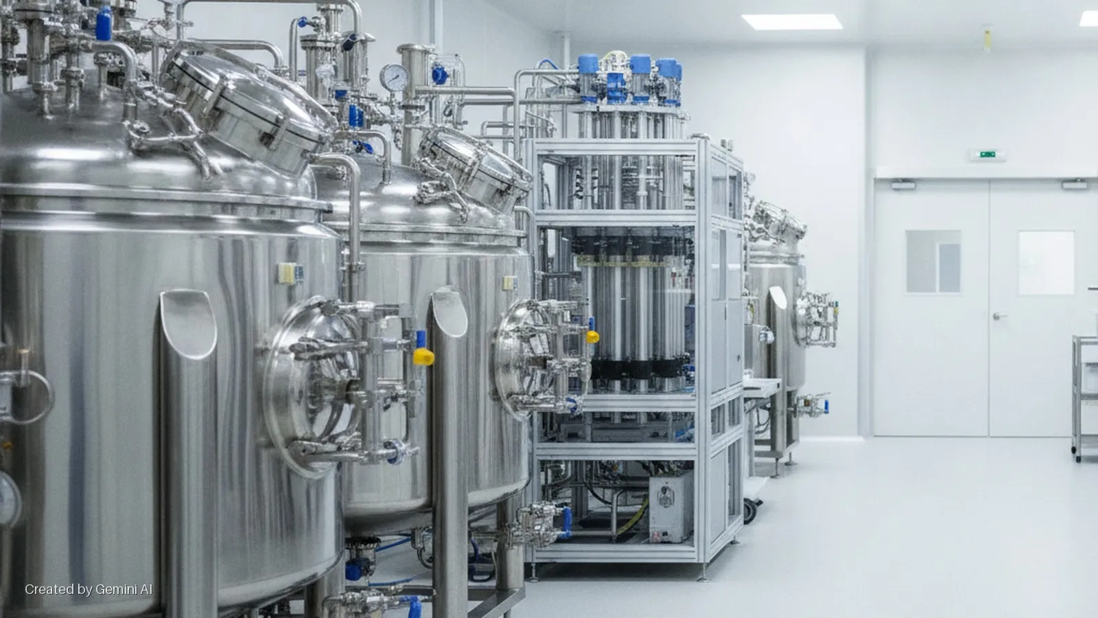 A sterile cleanroom contains large stainless steel bioreactors with intricate piping and valves, modular processing equipment, and white double doors, all brightly illuminated by overhead lighting.