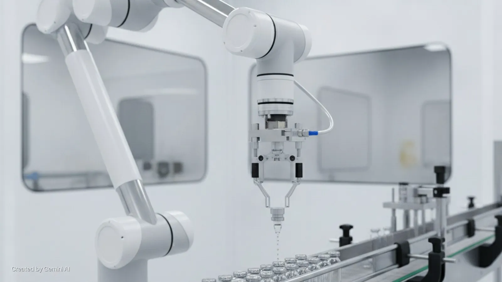 A white robotic arm fills small vials on a conveyor belt in a brightly lit cleanroom manufacturing facility.
