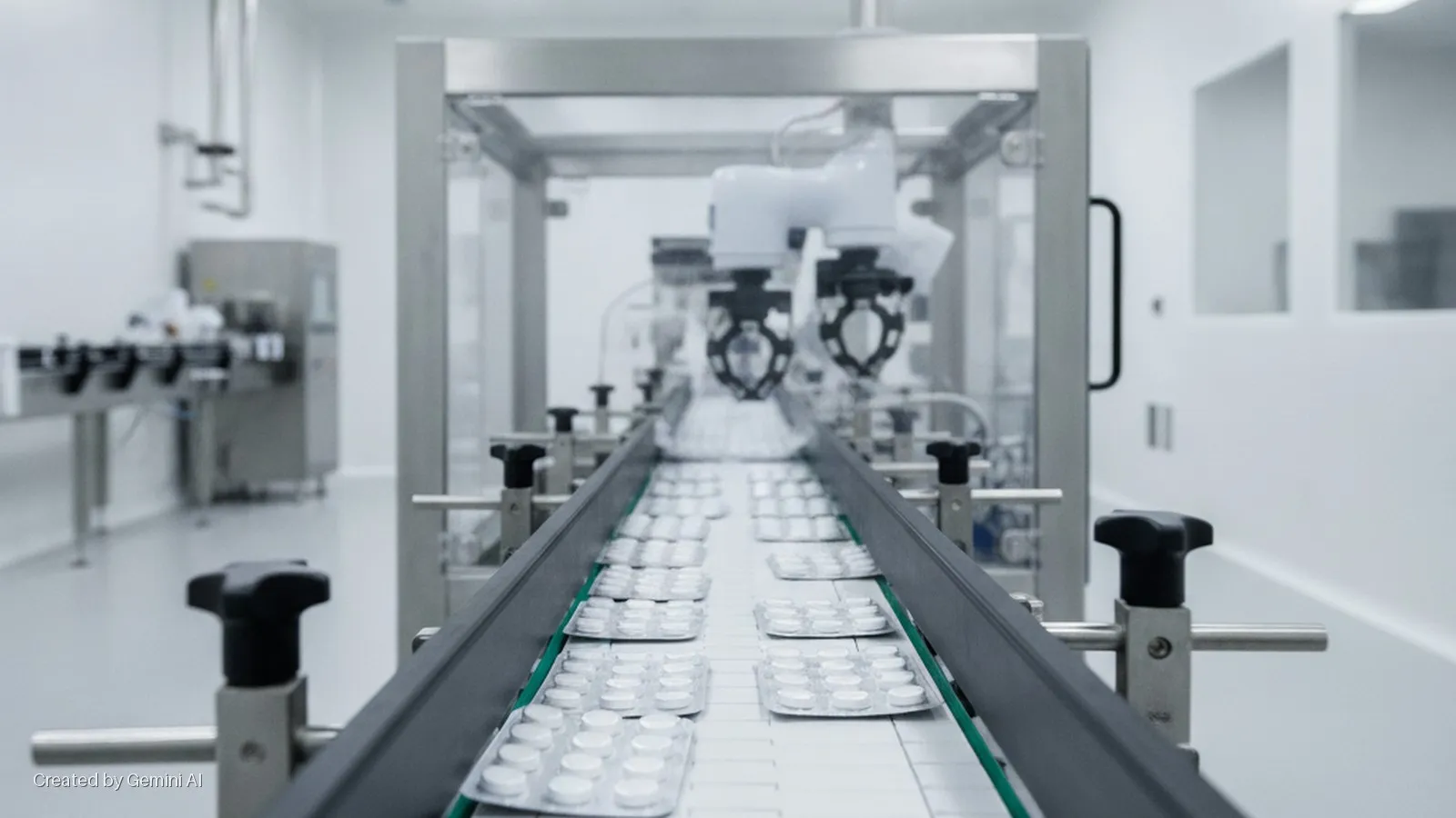Blister packs of white pills move along a conveyor belt in a brightly lit pharmaceutical manufacturing cleanroom, with robotic arms and stainless steel machinery in the background.