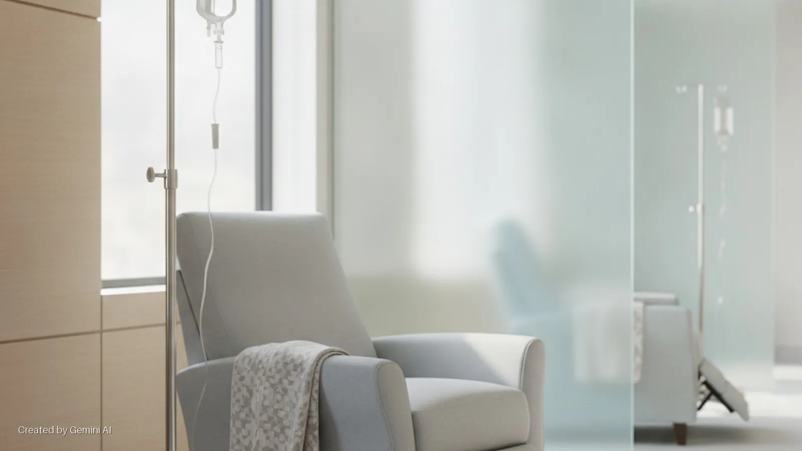 A bright, modern medical room features a light grey recliner chair draped with a patterned blanket, an IV pole holding a fluid bag, and wooden wall panels, with a frosted glass partition revealing another recliner and IV pole beyond.
