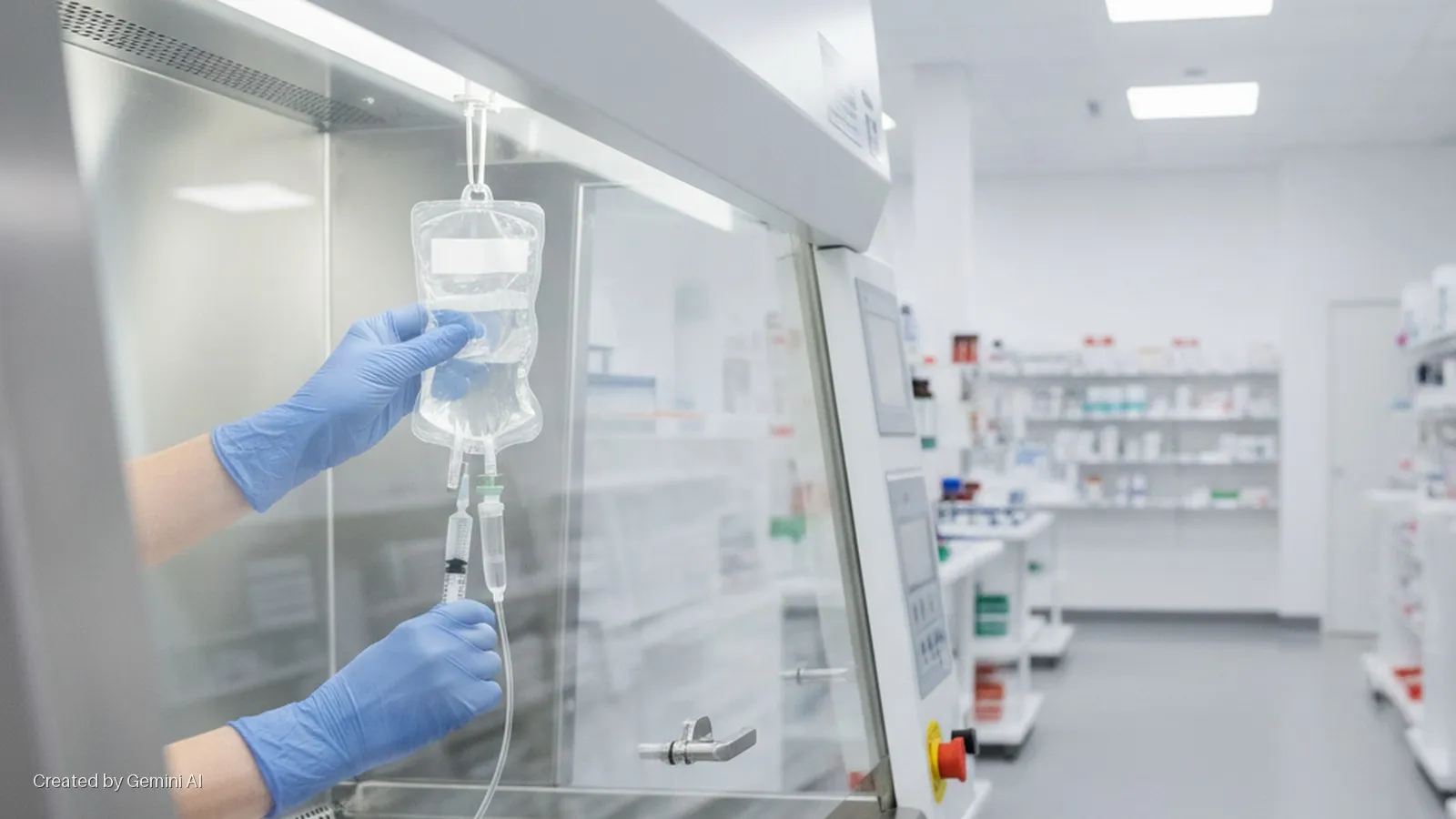 Gloved hands prepare an IV bag and syringe inside a sterile compounding hood, with shelves of medical supplies visible in the brightly lit laboratory background.