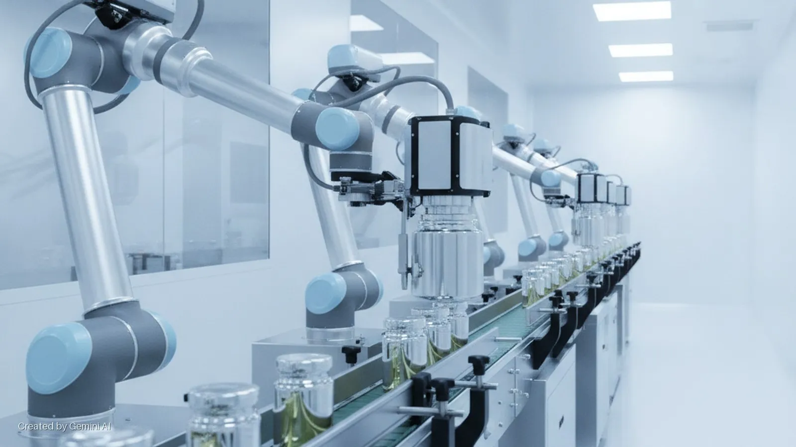 A brightly lit, sterile clean room with multiple collaborative robotic arms processing glass vials containing yellow liquid on a conveyor belt, illuminated by rectangular overhead lights.