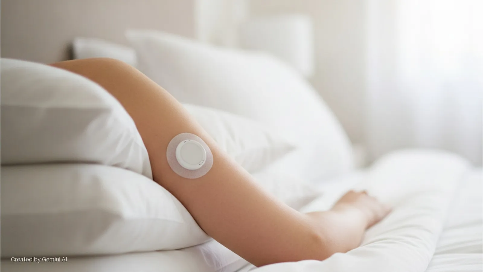 A person's arm with a continuous glucose monitor attached rests on white pillows and bedsheets in a brightly lit room.