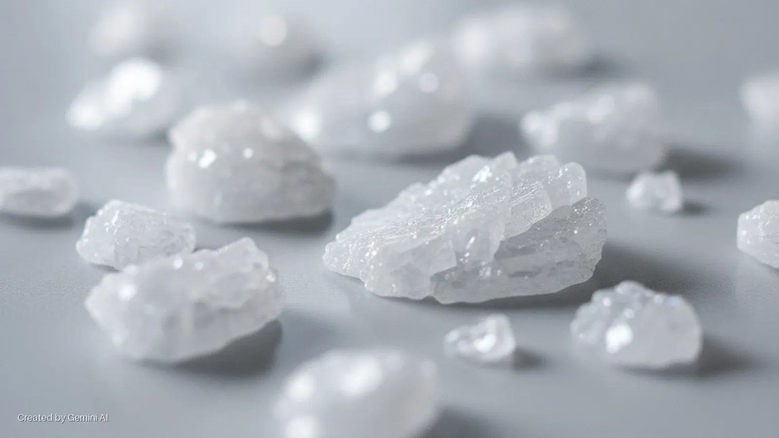 Numerous irregular white crystals are scattered on a light gray surface, illuminated by bright light creating specular highlights and soft shadows.