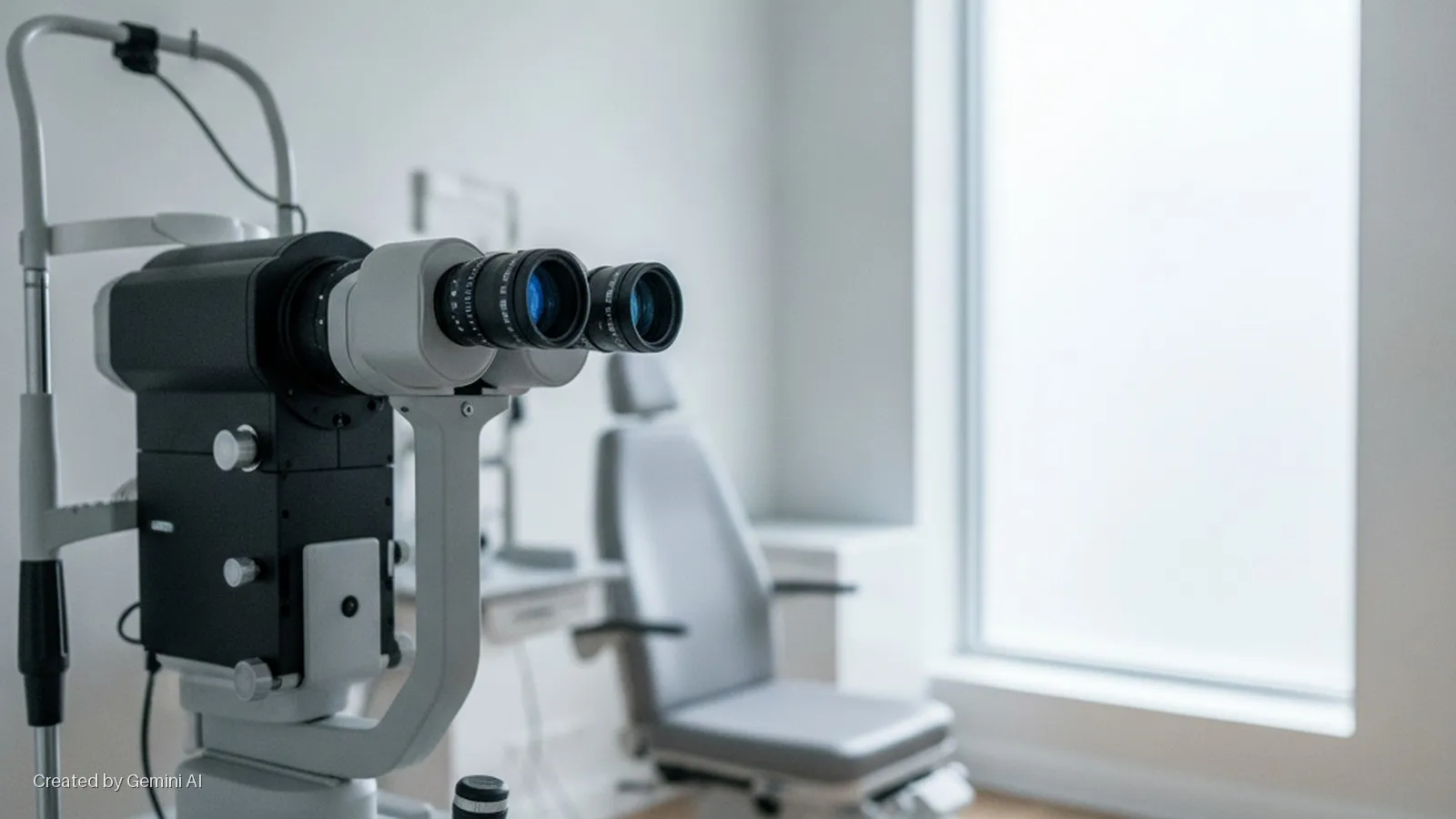 An ophthalmologist's office features a slit lamp, an adjustable examination chair, and a large window providing bright natural light.