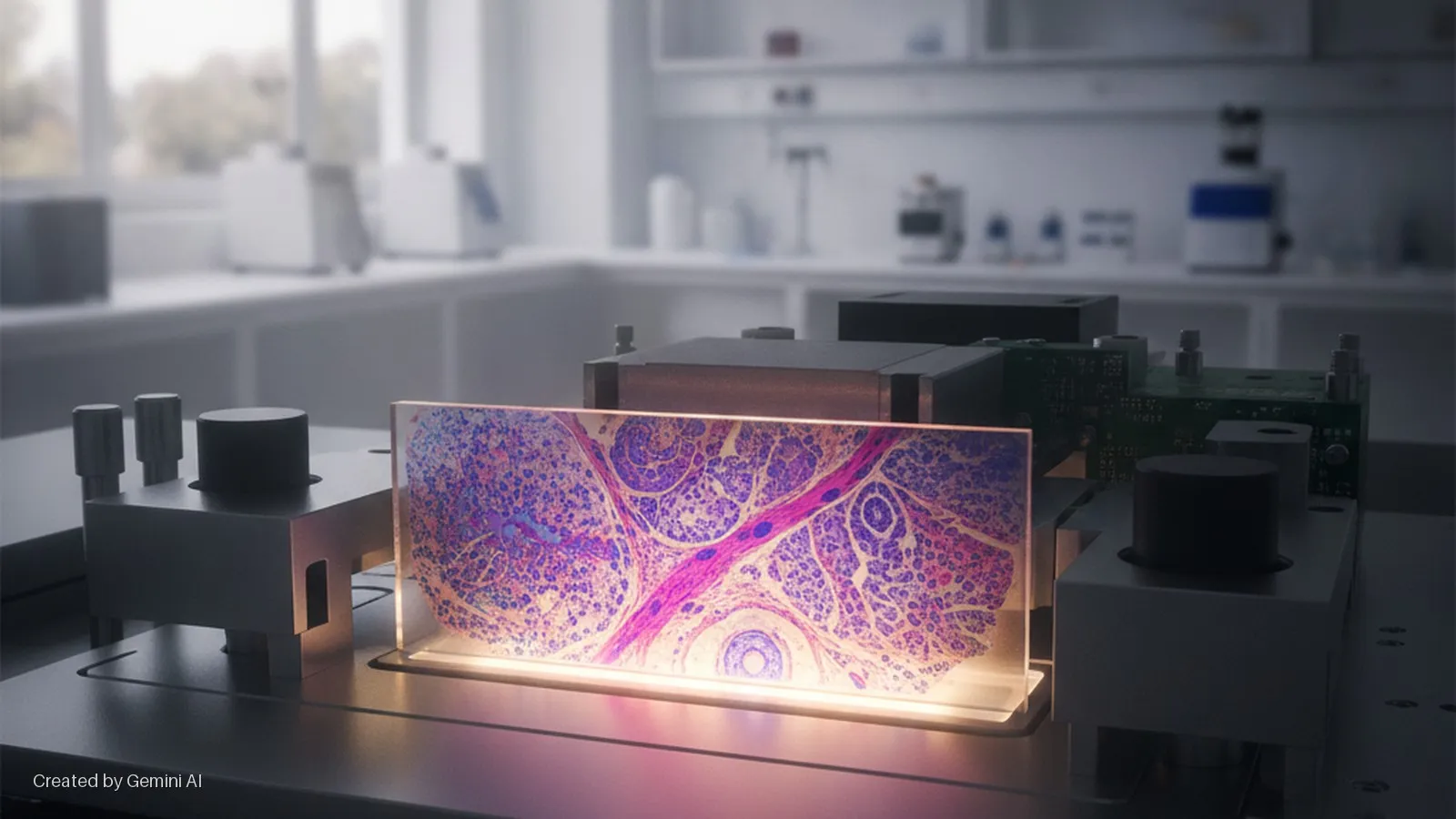 A backlit rectangular display shows a colorful microscopic tissue sample, featuring cells and structures in purples and pinks, mounted on a dark grey modular platform in a blurred, bright laboratory setting.