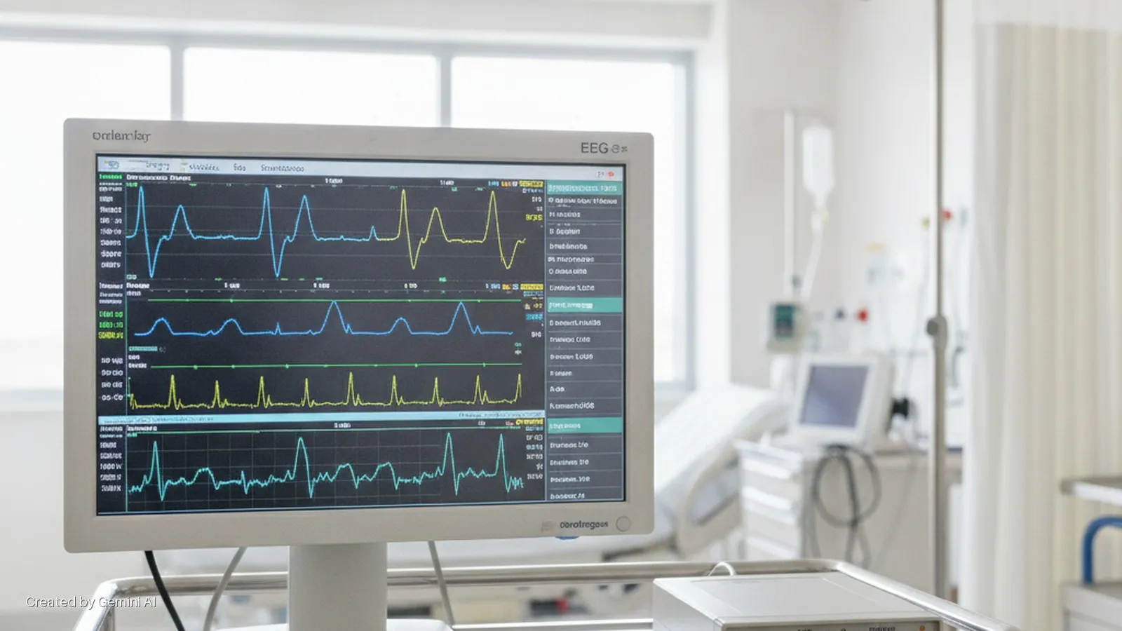 A medical monitor displays vital signs, including EEG and ECG waveforms, in a brightly lit hospital room with various medical equipment and a bed in the background.