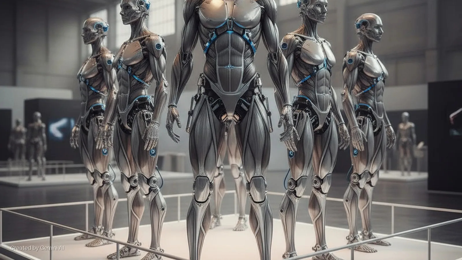 Five metallic humanoid robots with exposed mechanical components and blue accents stand on a raised platform behind metal railings in a brightly lit exhibition hall.