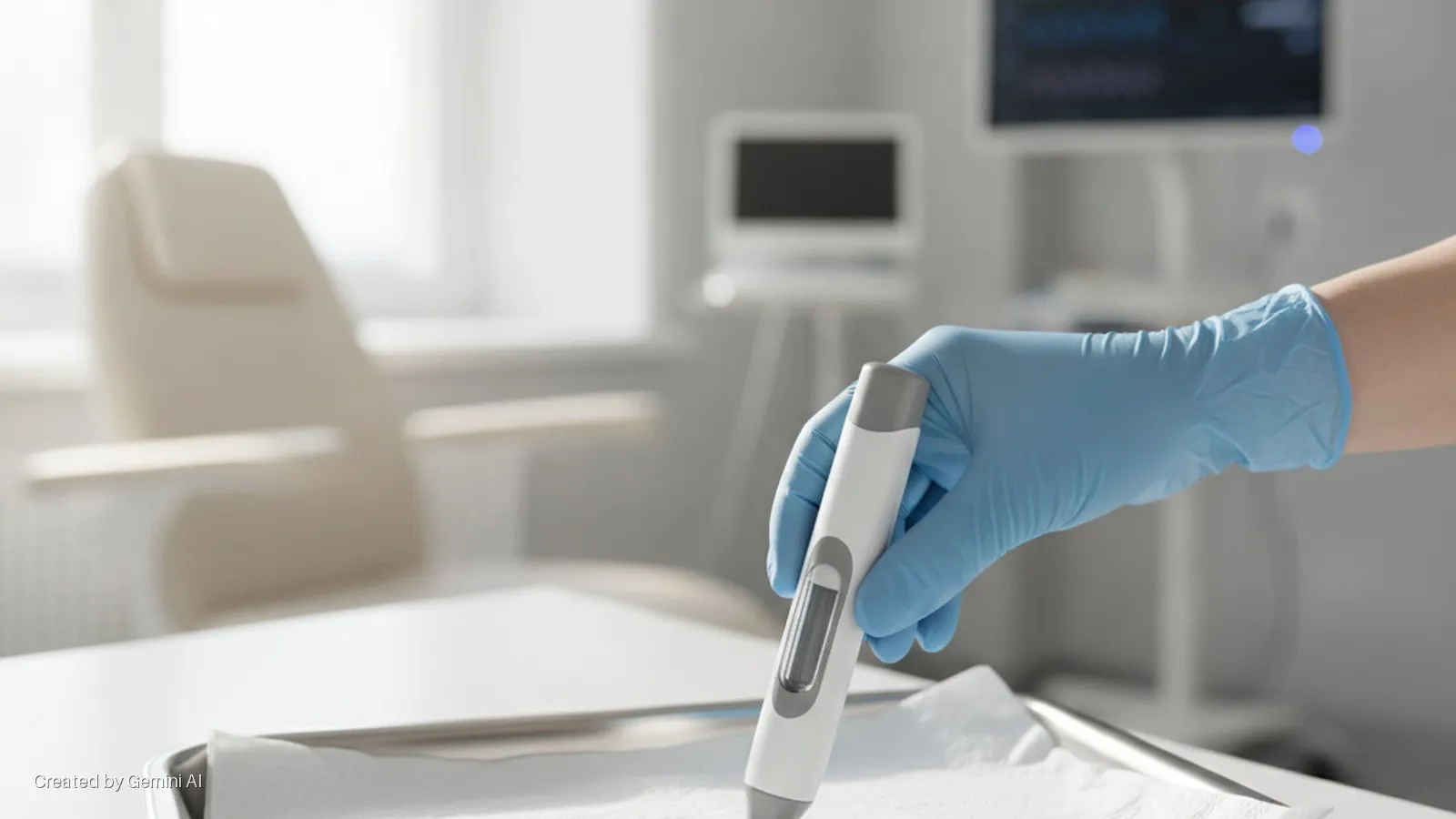 A hand in a blue medical glove holds a white pen-style medical device above a metal tray in a brightly lit clinic examination room, with a medical examination chair and monitors in the background.