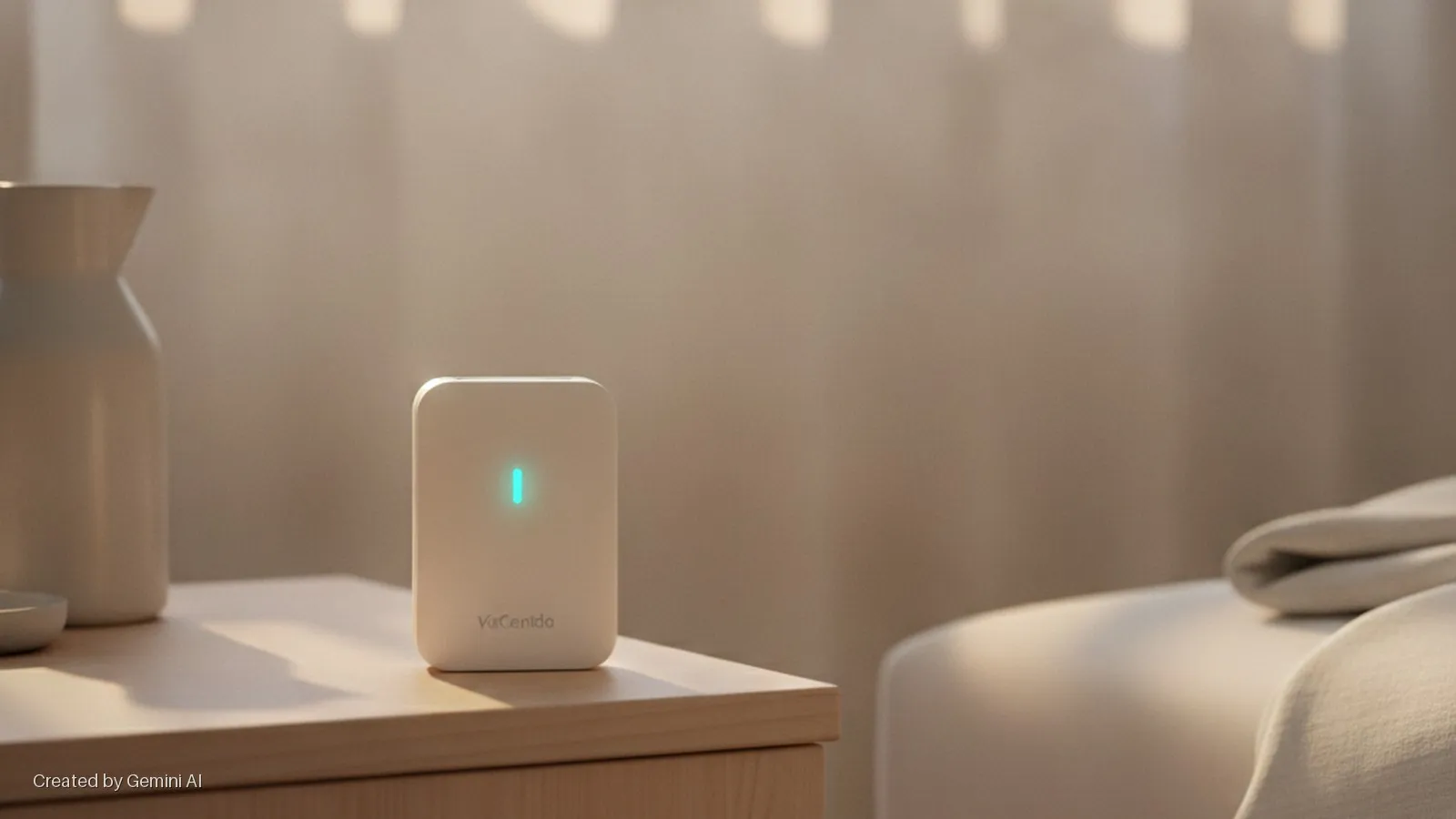 A white rectangular device with a glowing blue-green light stands on a wooden nightstand beside a white vase, in a warm, softly lit bedroom with a bed in the background.