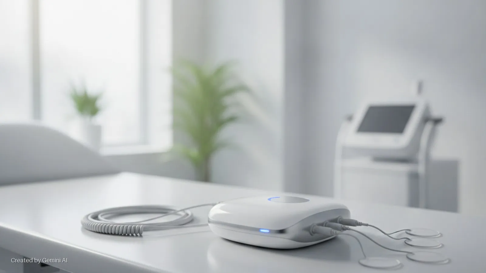 A white medical device with glowing blue LED lights, connected to coiled cables and electrode pads, is positioned on a bright examination table in a clean medical room with a blurred window and medical equipment in the background.