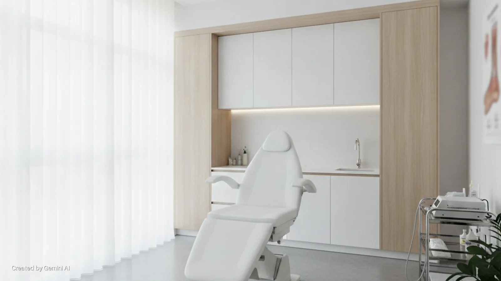 A bright, modern medical treatment room with a white examination chair, wood and white cabinets, a sink, sheer white window curtains, warm under-cabinet lighting, a medical cart, and a wall-mounted anatomical chart.