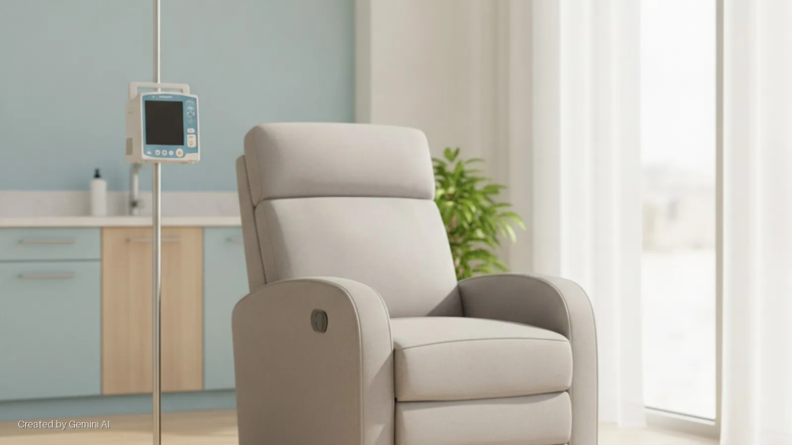 A brightly lit medical room features an IV pole with a medical pump, a light grey recliner, a green plant, light blue and wood cabinets with a sink, and a window with sheer white curtains.