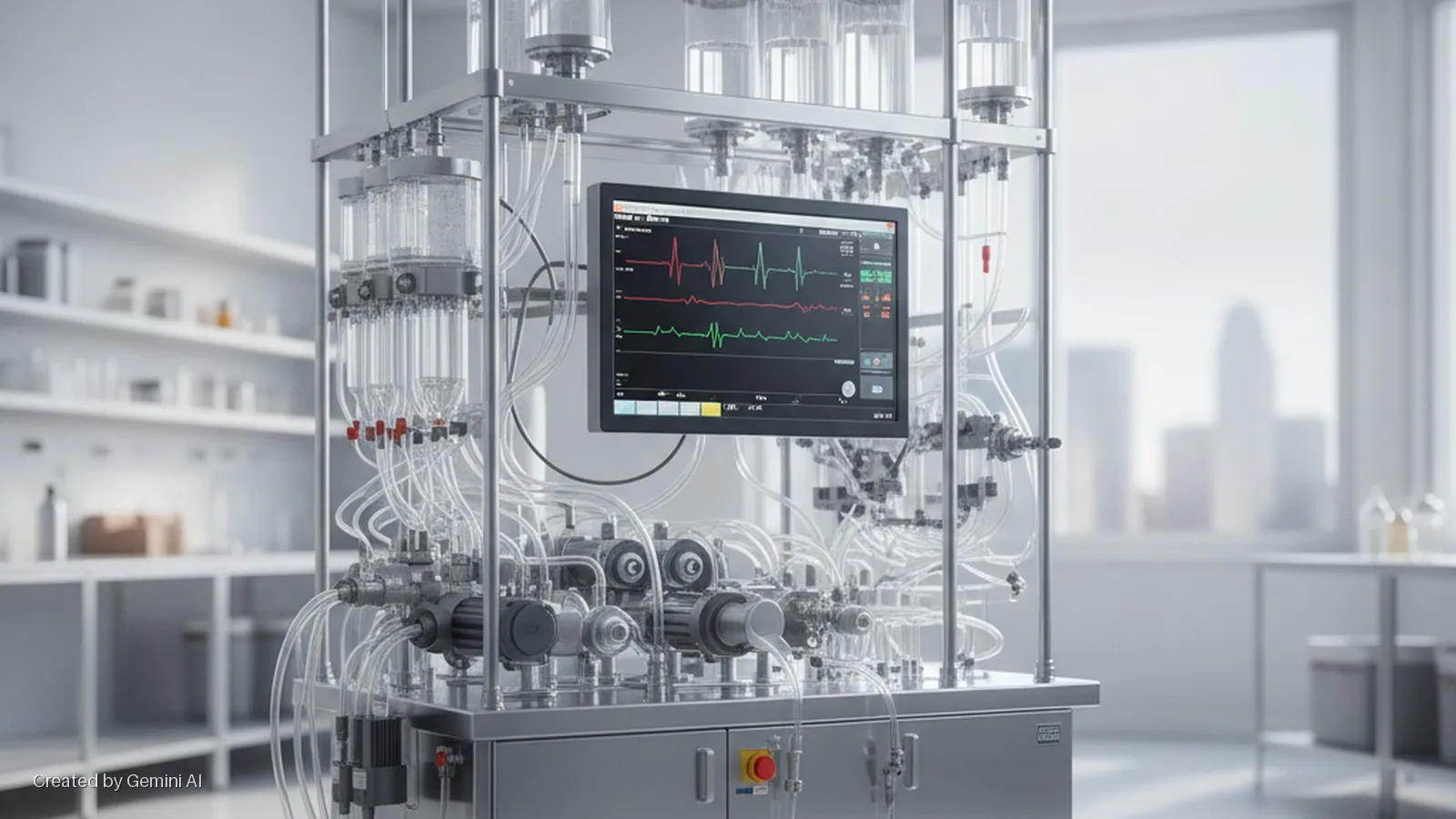 A laboratory bioreactor system, composed of multiple clear vessels, intricate tubing, pumps, and a monitor displaying medical-style waveforms, is positioned in a bright lab with shelves of glassware on the left and a blurry city skyline vis