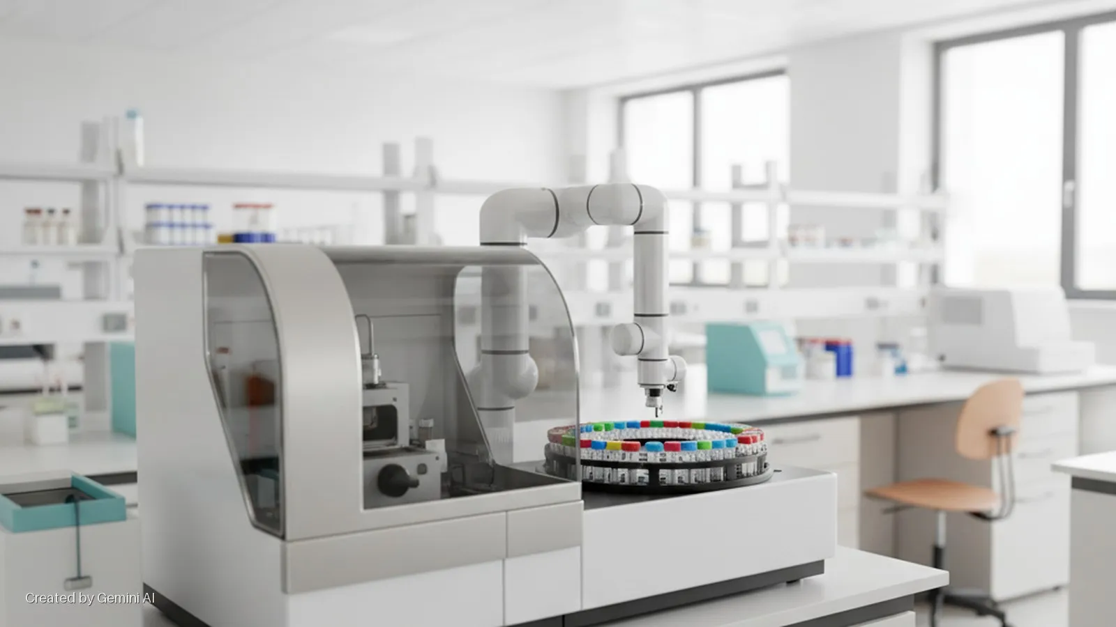 An automated lab system featuring a robotic arm interacting with a carousel of colorful capped vials is positioned on a workbench in a bright, modern laboratory filled with scientific instruments and illuminated by natural light from large 