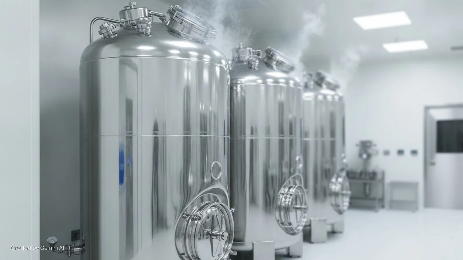A row of polished stainless steel tanks, emitting steam from their tops, fills a brightly lit cleanroom with a metal door and equipment visible in the background.