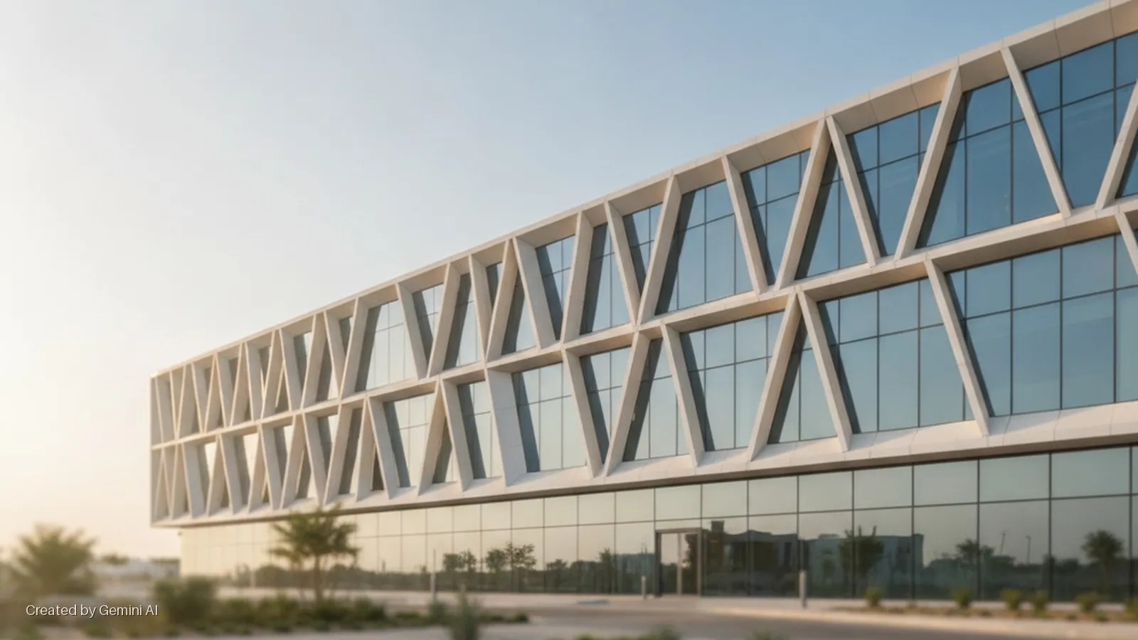 A modern building with a white triangular grid facade over two floors of glass windows and a reflective glass ground floor, set outdoors under soft daylight.