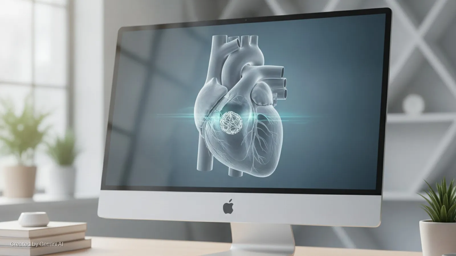 A white iMac computer displays a 3D human heart model with a glowing medical device, set on a desk beside books and potted plants in a brightly lit room with shelves.