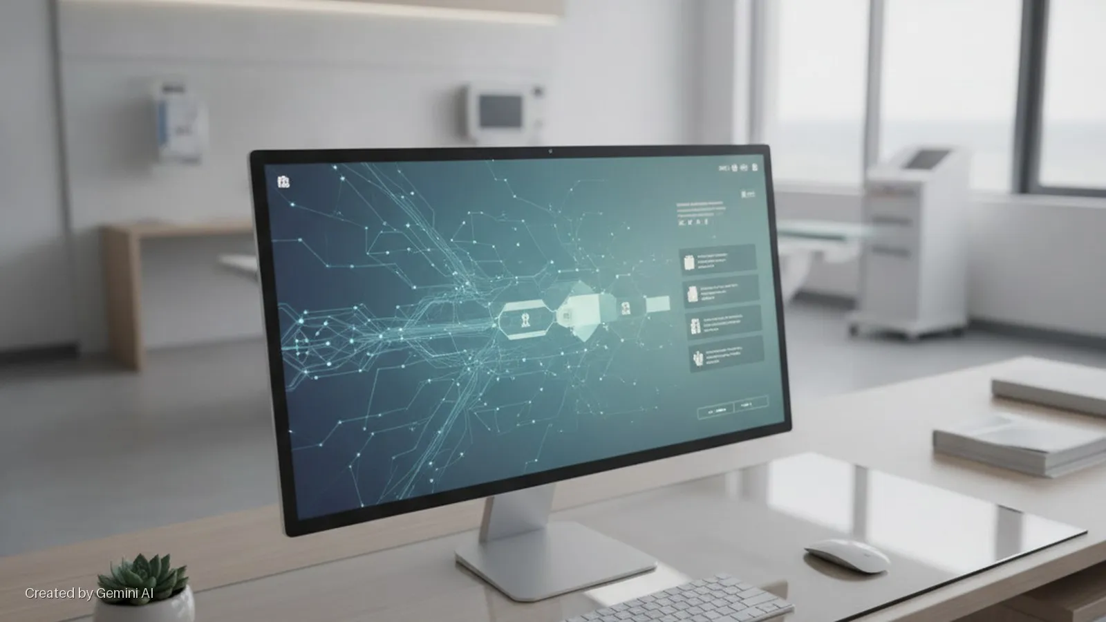 A computer monitor displays a blue digital interface with network lines and security icons on a wooden desk, accompanied by a keyboard, mouse, and succulent, within a bright clinic featuring medical equipment and a large window.