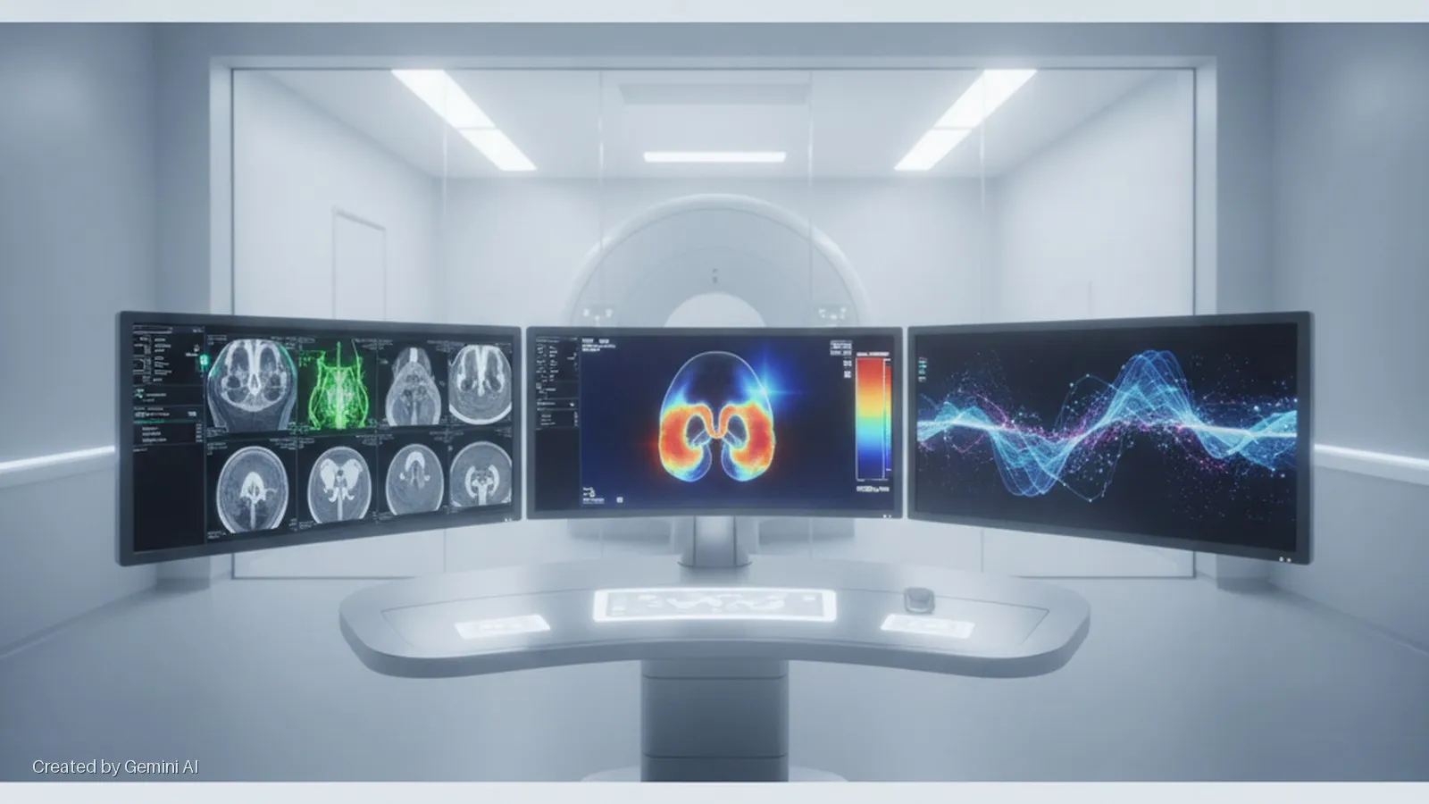 Three large monitors displaying medical imaging and data visualizations sit on a modern control desk in a brightly lit medical control room, with an MRI scanner visible through a glass partition in the background.