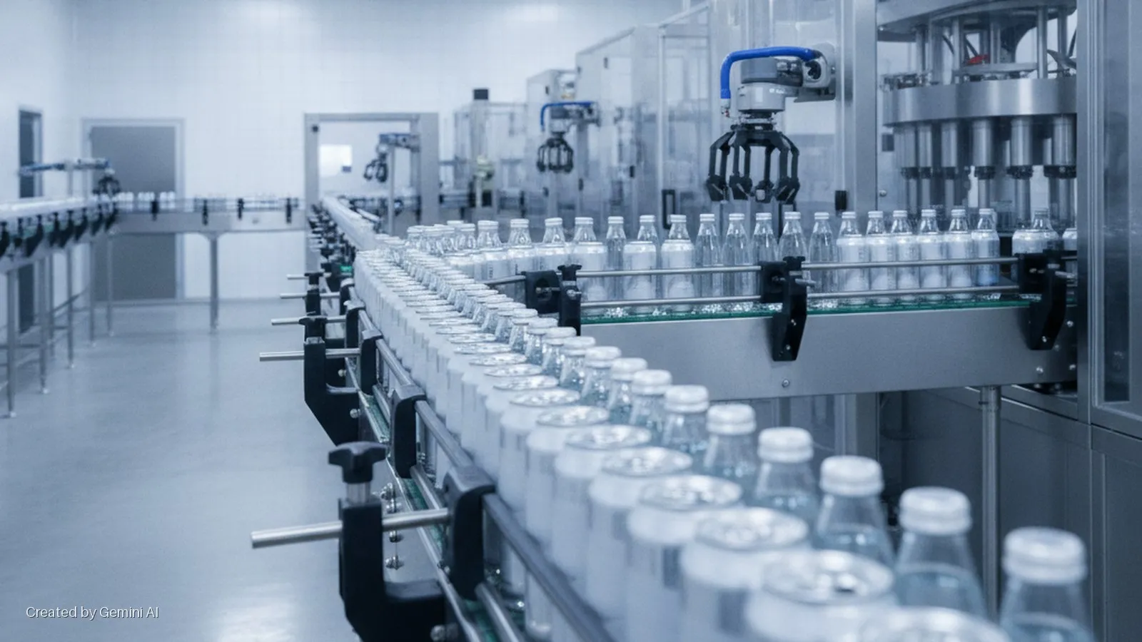 Rows of clear glass bottles and silver aluminum cans move along conveyor belts in a brightly lit, modern beverage bottling plant with automated machinery.