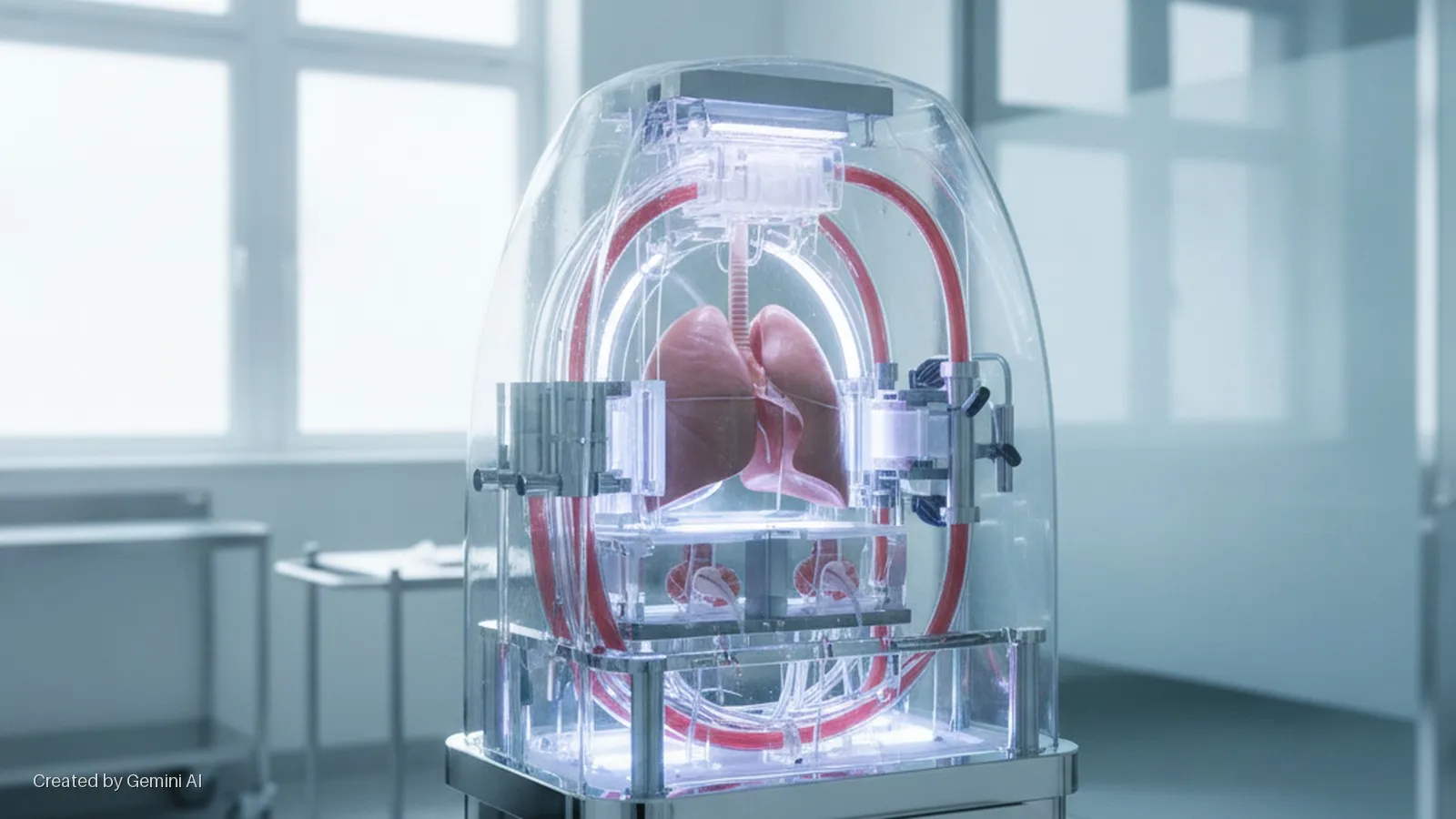 A pair of human lungs is suspended within a transparent, internally lit medical device with red tubing, situated in a bright, sterile laboratory with large windows.