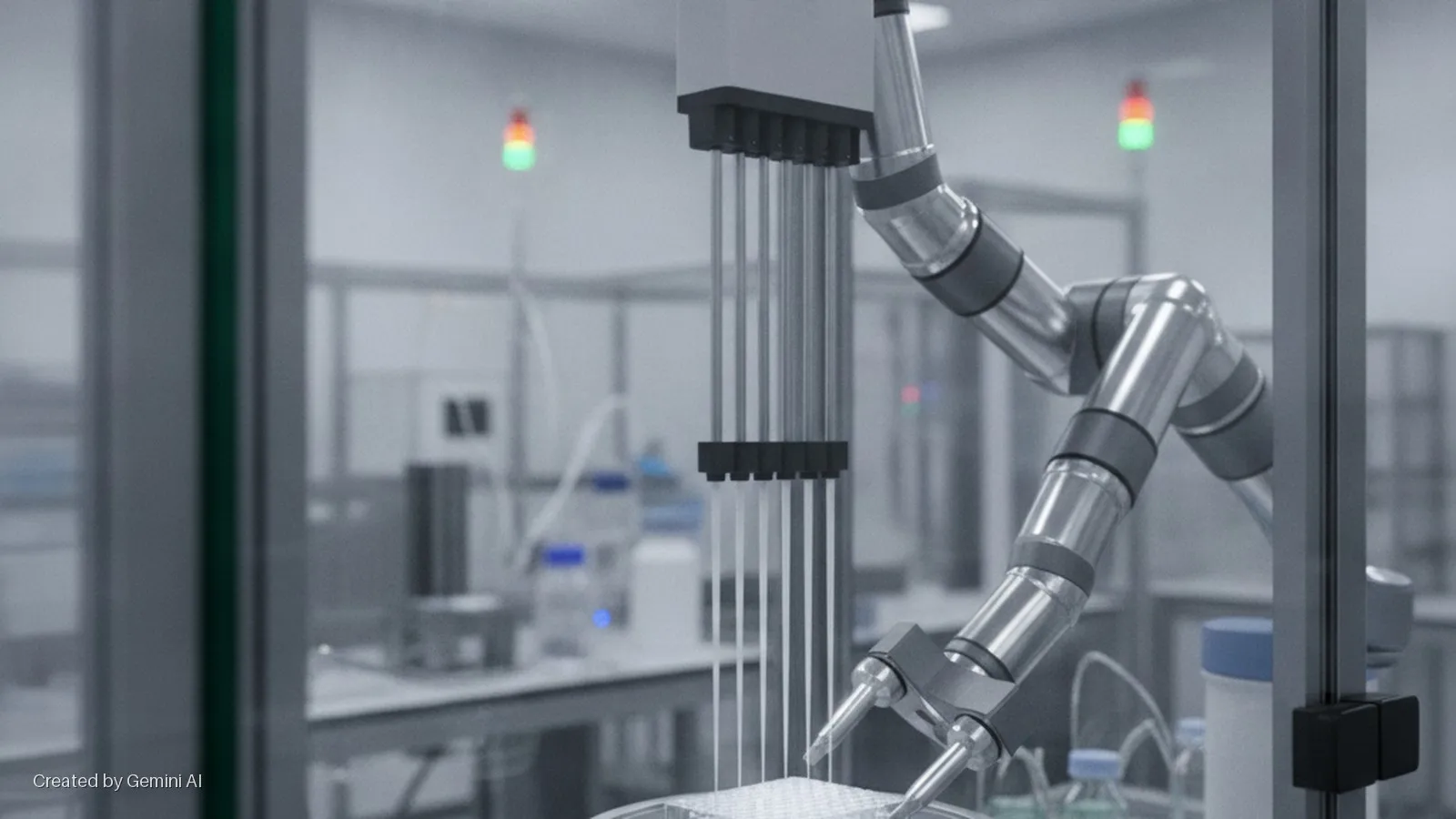 A silver robotic arm with a multi-channel pipettor dispenses into a white microplate in a brightly lit laboratory, with blurred scientific equipment and red and green signal lights in the background.