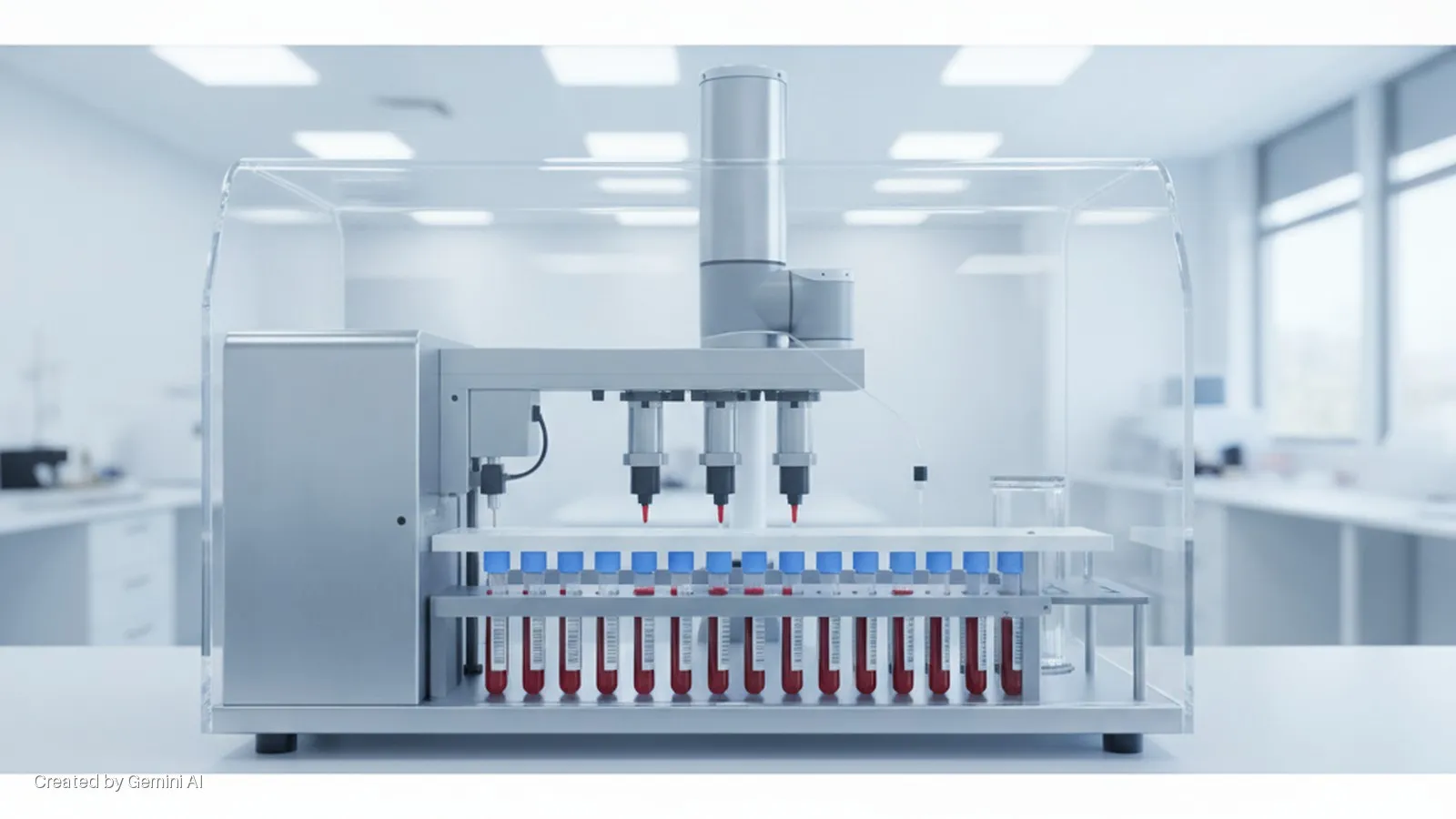 A compact automated laboratory system with a robotic arm and pipettes processes blood sample tubes on a workbench in a brightly lit, sterile lab.
